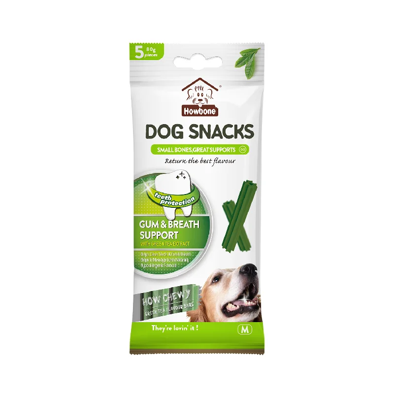  -High-fiber dog foodHOWBONE Dog Snacks How Chewy Medium Green Tea flavor Gum & Breath Support bars