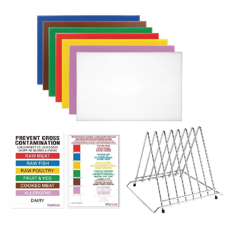 ---Hygiplas High Density Set of 7 Chopping Boards, Steel Rack & Wall Chart - 450x300x12mm