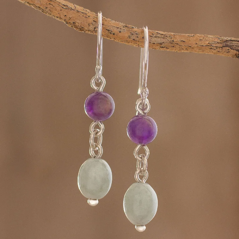 - Parrot climbing and standing wooden frameVerdant Jacaranda Jade and Amethyst Dangle Earrings from Guatemala