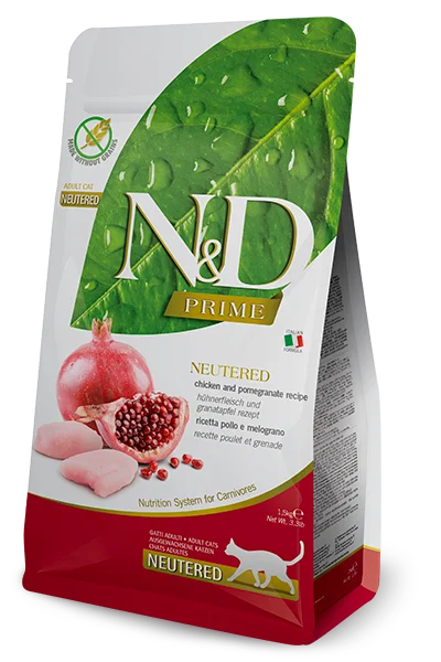    - Hairball control cat food  Farmina N&D Cat Prime Neutered Chicken & Pomegranate