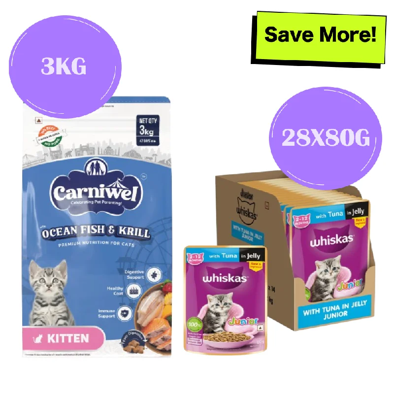 - Pet toys under yuanCarniwel Ocean Fish and Krill Dry Food and Whiskas Tuna in Jelly Kitten Cat Wet Food Combo - Pet toys under yuanCarniwel Ocean Fish and Krill Dry Food and Whiskas Tuna in Jelly Kitten Cat Wet Food Combo