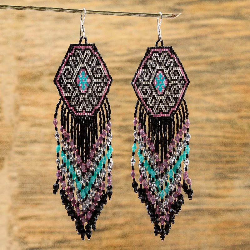 - Deodorizing cat litter tofu litterPink Extravaganza Huichol Beadwork Long Earrings in Black-Pink-Mint