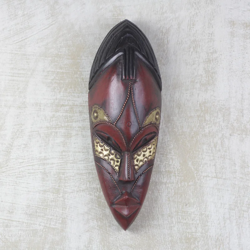 ---Zodwa Wood and Brass Wall Mask Hand Carved in Ghana