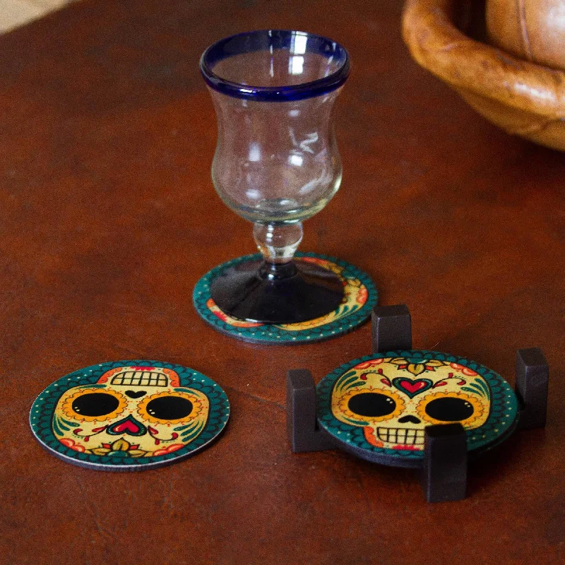 ---Loving Skull 4 Day of the Dead Smiling Skulls Decoupage Wood Coaster Set