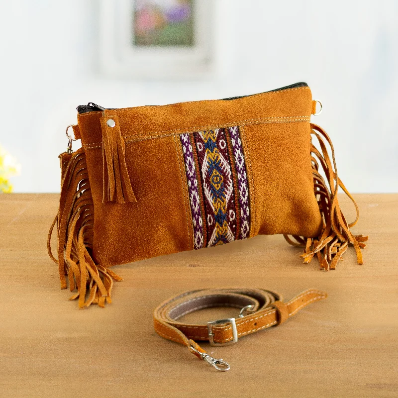 ---Golden Brown Fringe Fringed Wool Accented Suede Handbag in Golden Brown