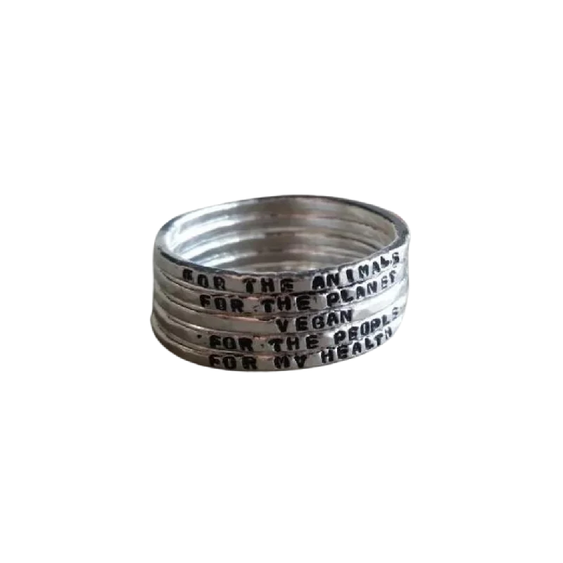 - Custom pet birthday cakeCLEARANCE - Feather Roof 'Why I'm Vegan' Sterling Silver Ring Stack - Custom pet birthday cakeCLEARANCE - Feather Roof 'Why I'm Vegan' Sterling Silver Ring Stack
